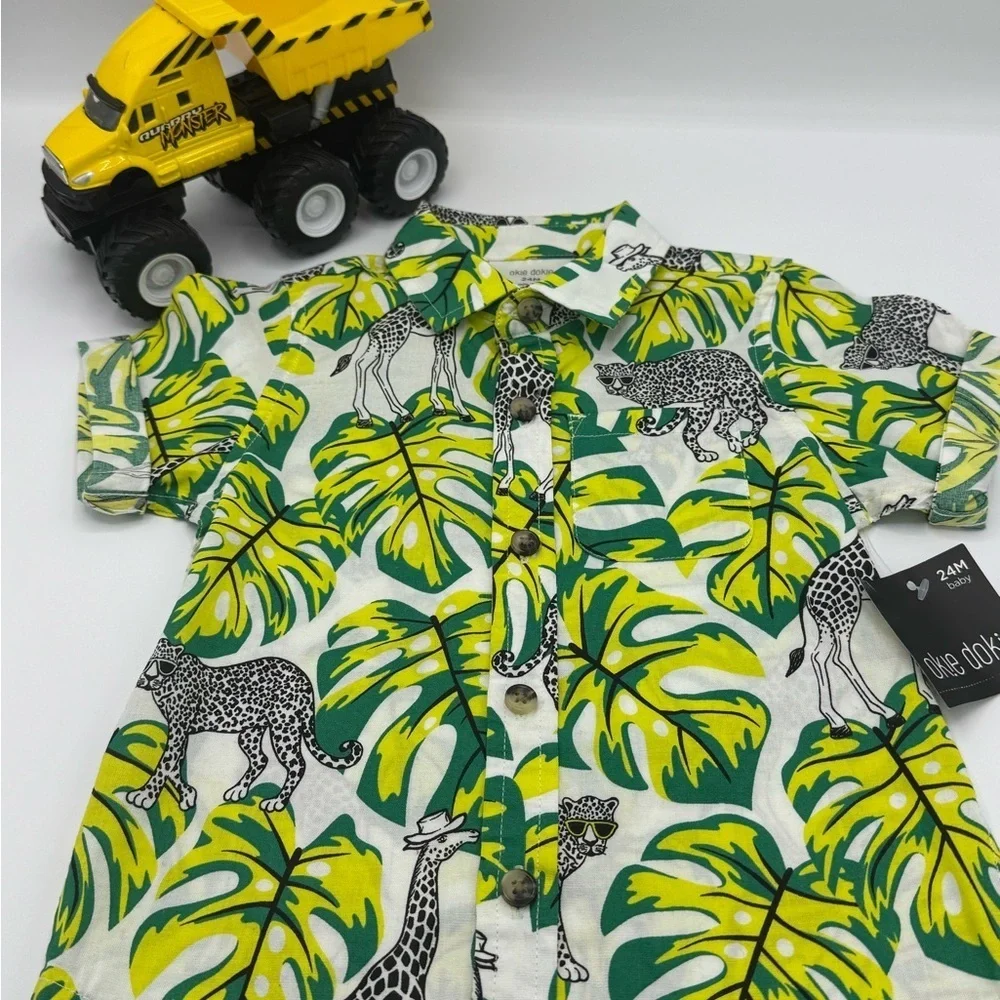 NWT Okie Dokie Baby Boy’s Jungle Print Button-Down Shirt (Size 24M)